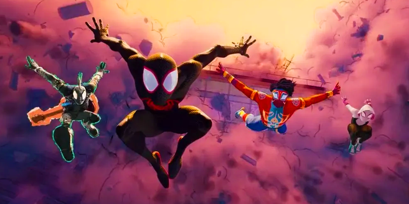 Spider-Punk, Spider-Man, Spider-Man India, and Spider-Woman in Mumbattan in Spider-Man Across the Spider-Verse
