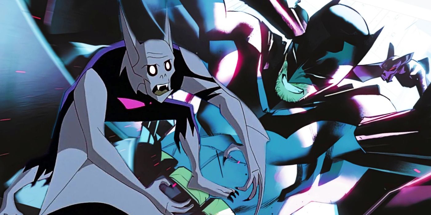 Foreground: Batman Beyond, spliced into a Man-Bat. Background: Batman falling as he is attacked by bats.