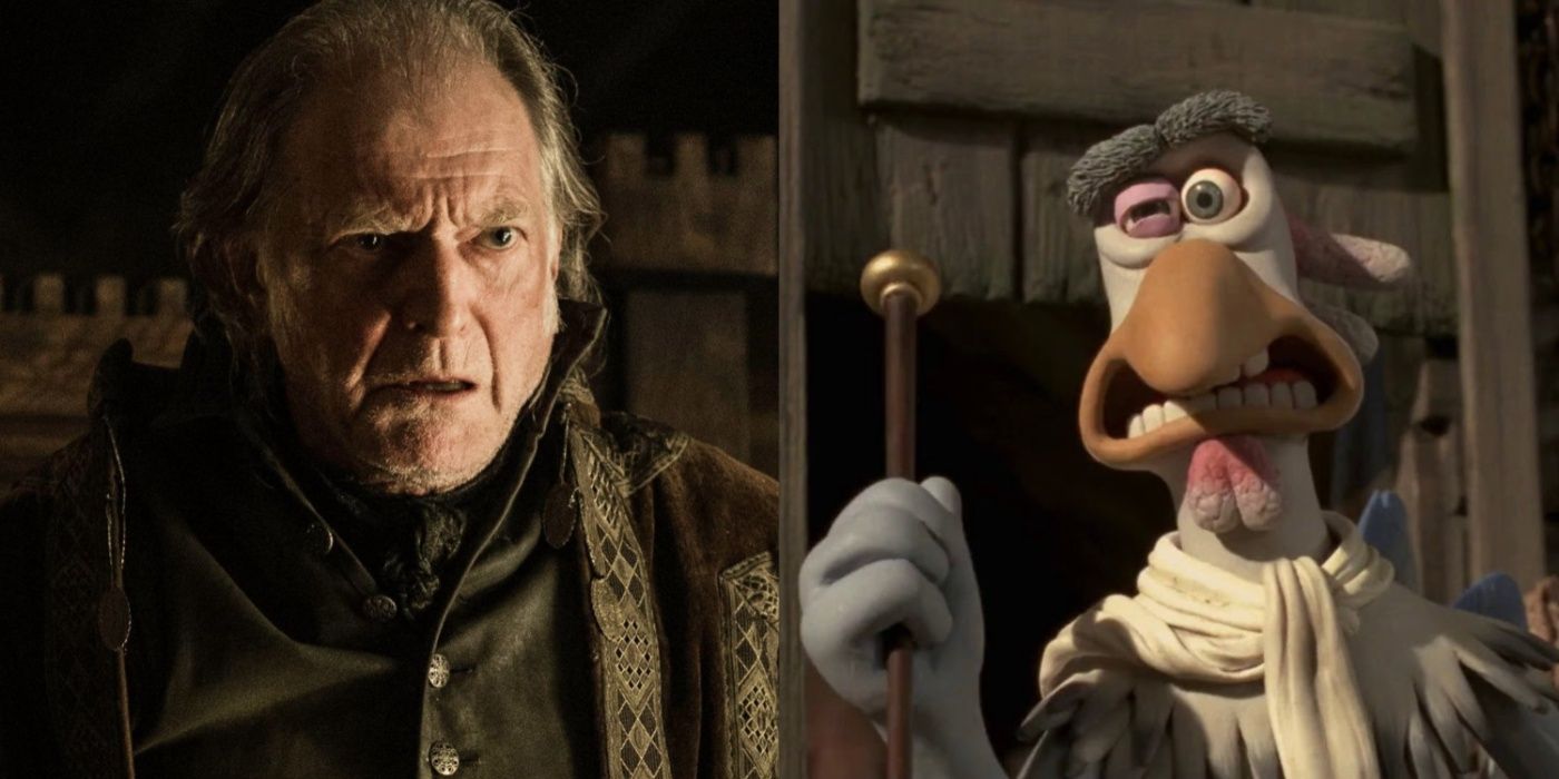 Split image of David Bradley in Game of Thrones and Flower in Chicken Run