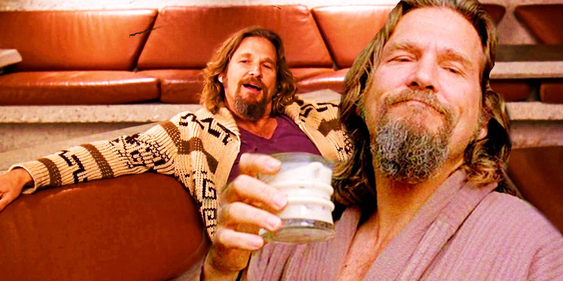 Split image of Jeff Bridges as The Dude in The Big Lebowski
