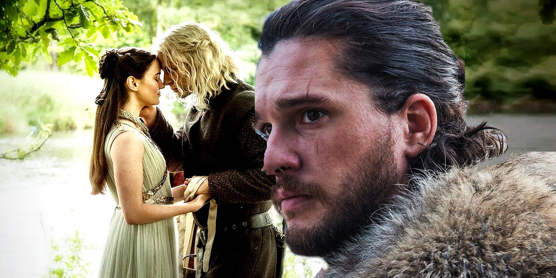 Split image of Jon Snow and Rhaegar Targaryen marrying Lyanna Stark in Game of Thrones