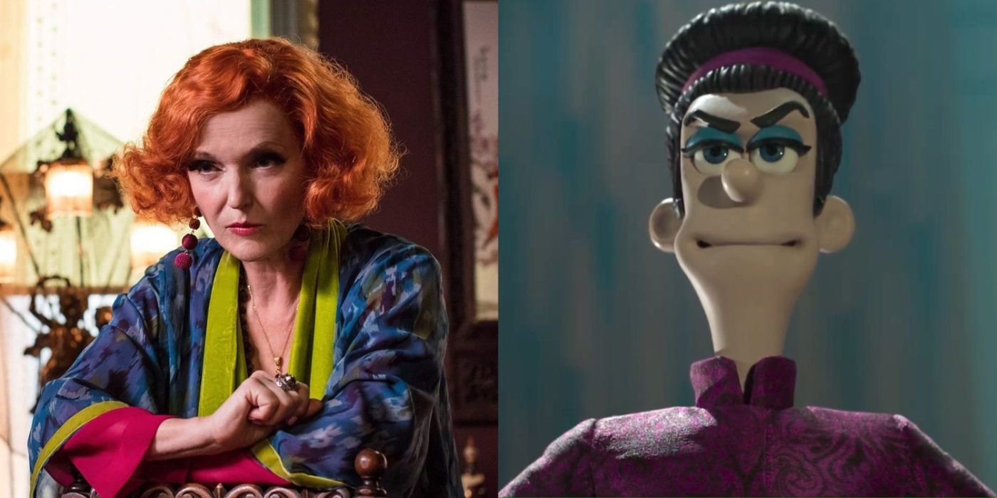 Split image of Miranda Richardson in Good Omens and Mrs. Tweedy in Chicken Run 2