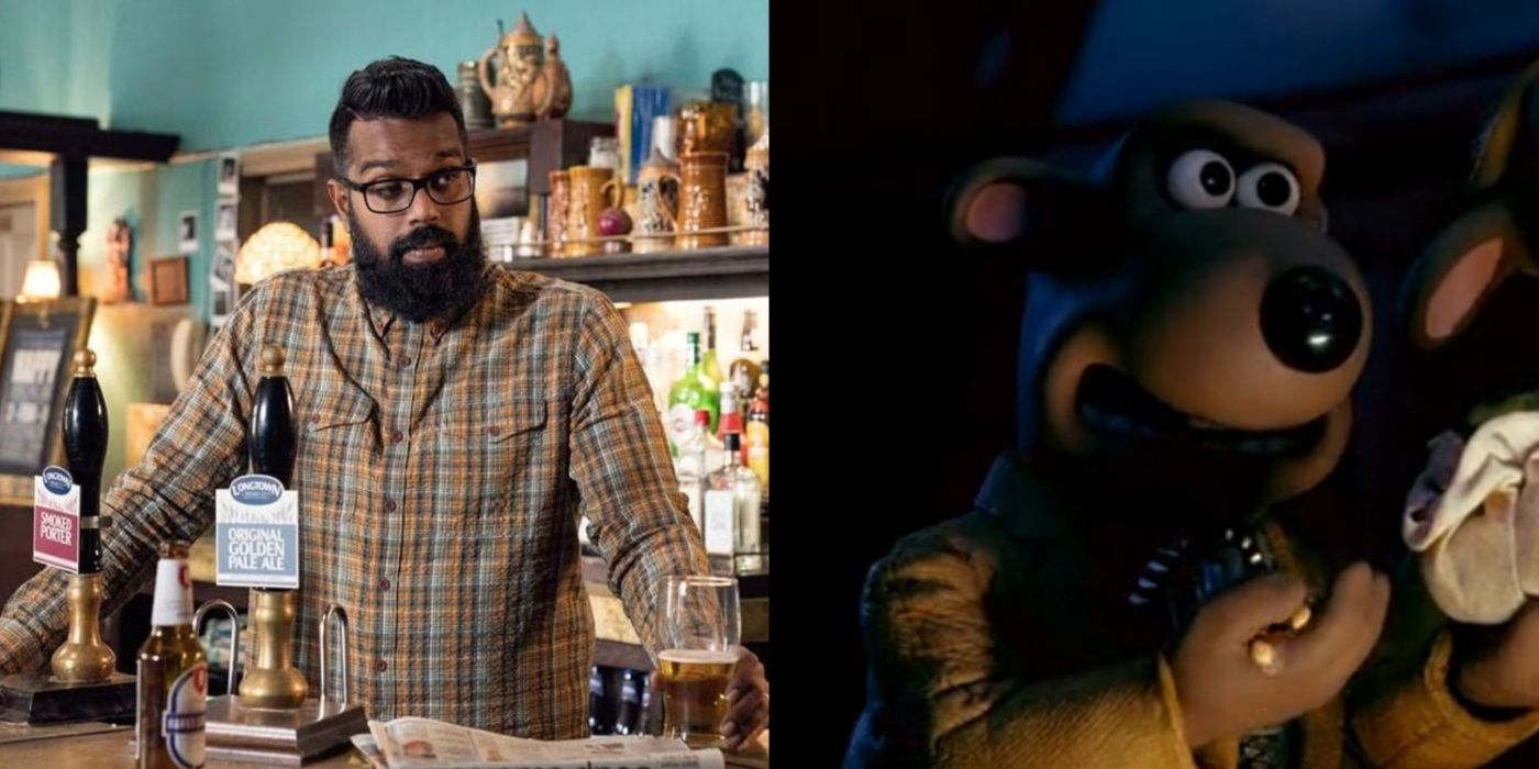 Split image of Romesh Ranganathan in Reluctant Landlord and Nick as Chicken Run 2