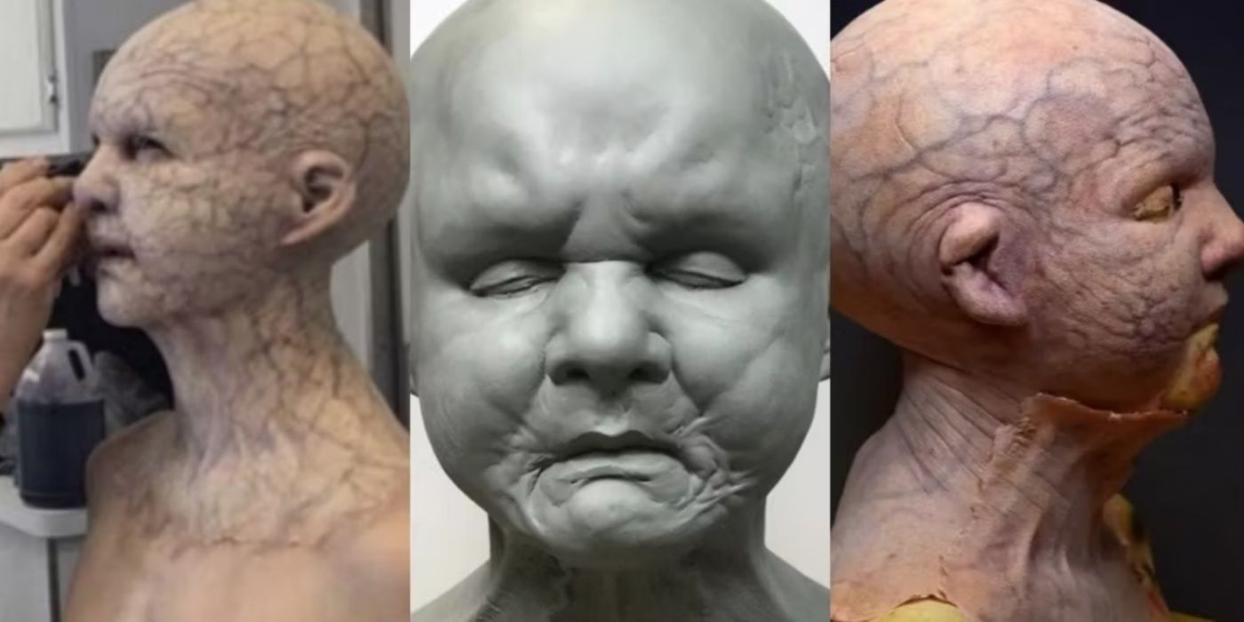 Split image of the development of the original design for the monsters from Bird Box