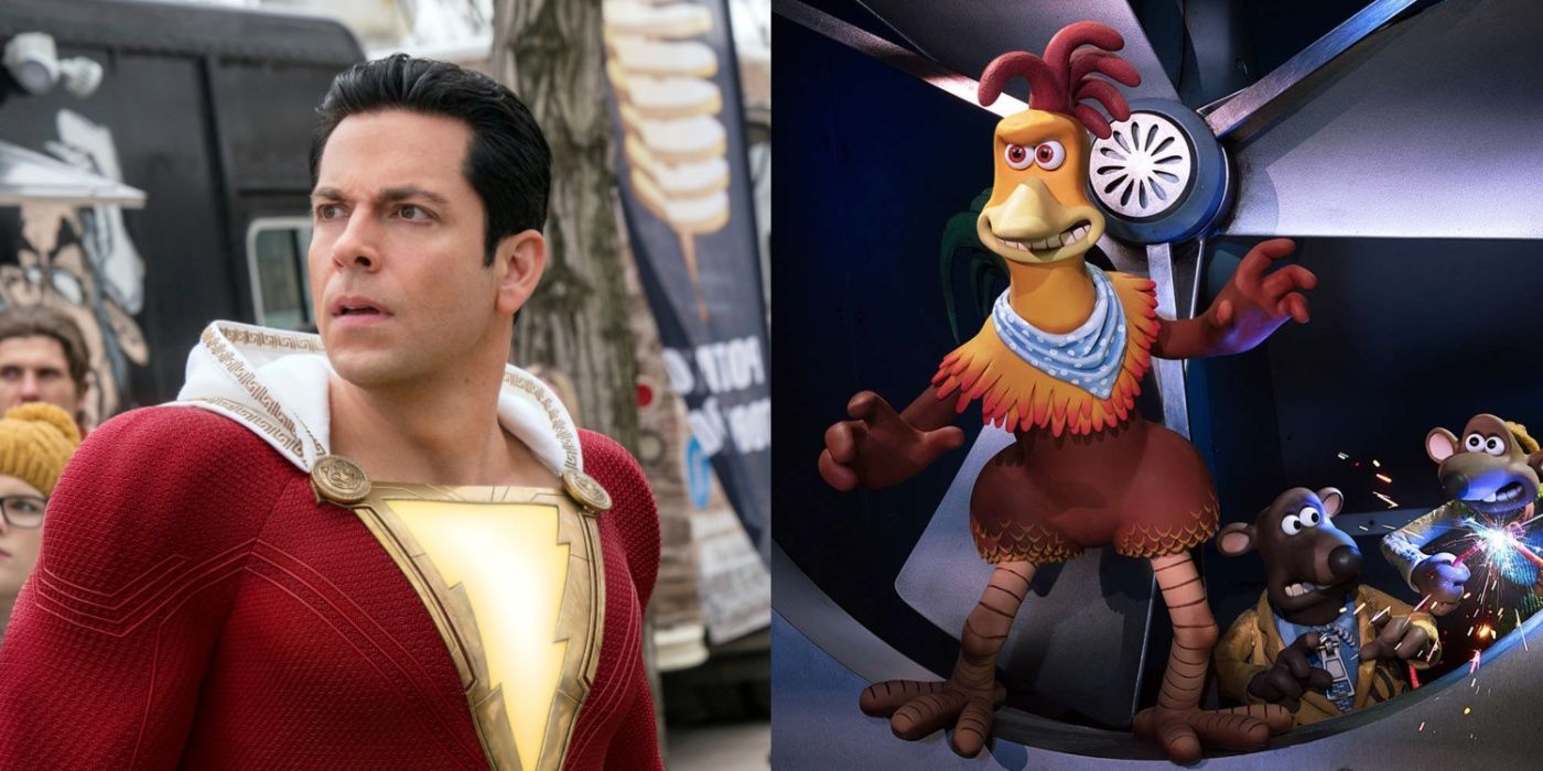 Split image of Zachary Levi in Shazam and Rocky in Chicken Run 2