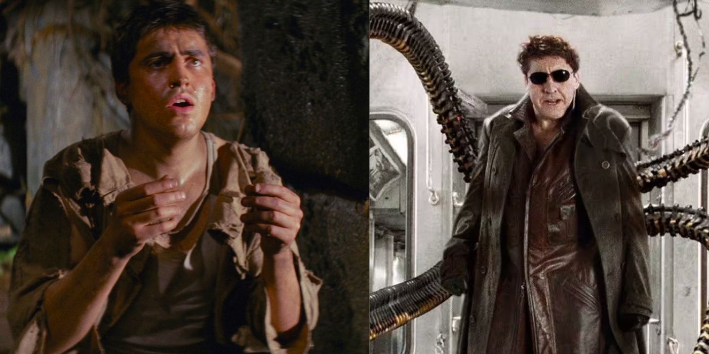 Split images of Alfred Molina looking upwards in a cave in Raiders of the Lost Ark and Doctor Otto Ocatvius standing inside a train in Spider-Man 2