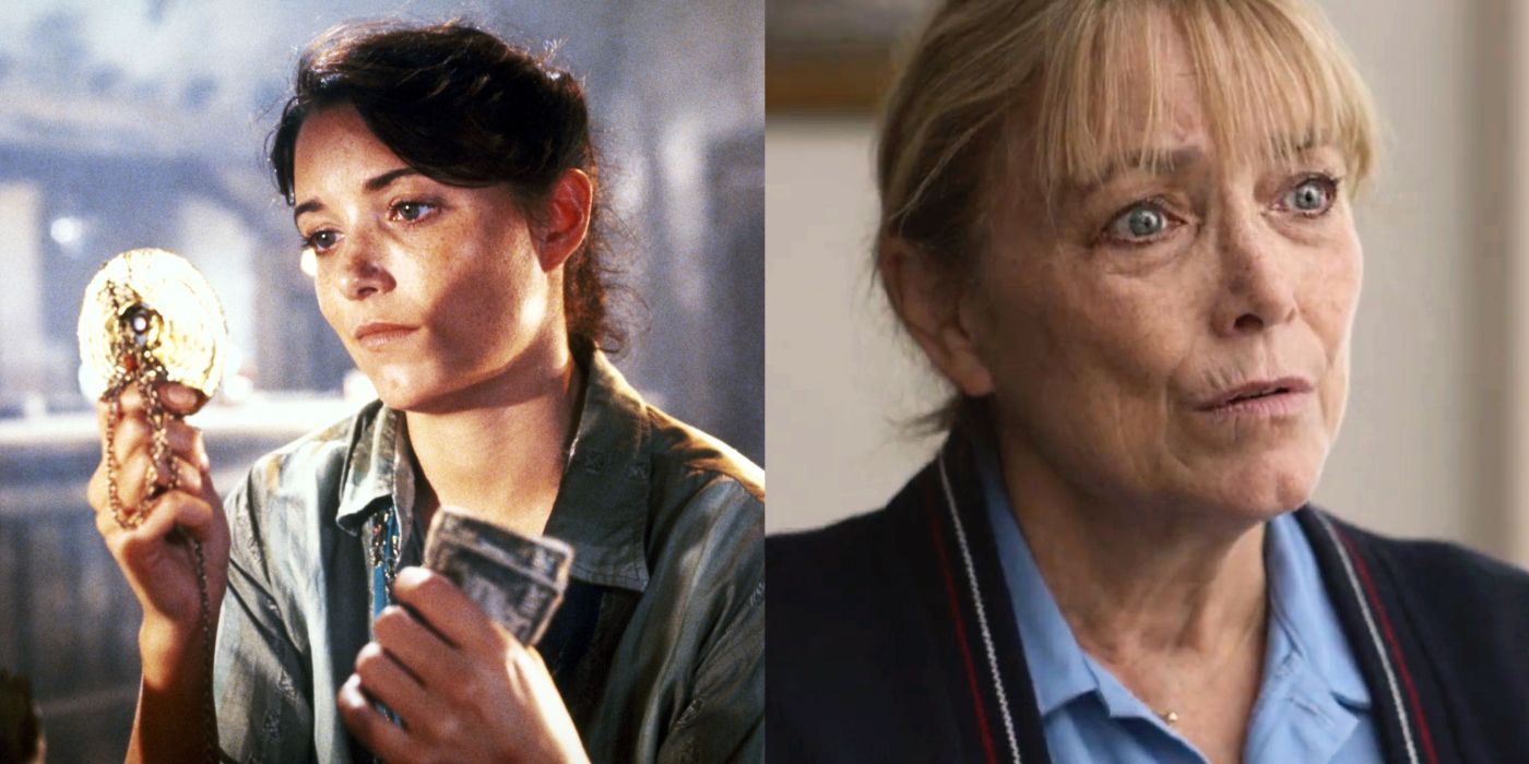 Split images of Karen Allen looking at an artifact in Raiders of the Lost Ark and looking sideways in Colewell