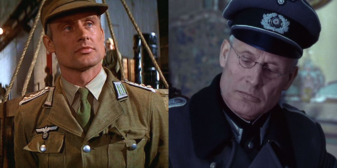 Split images of Wolf Kahler looking sideways in Raiders of the Lost Ark and Wonder Woman