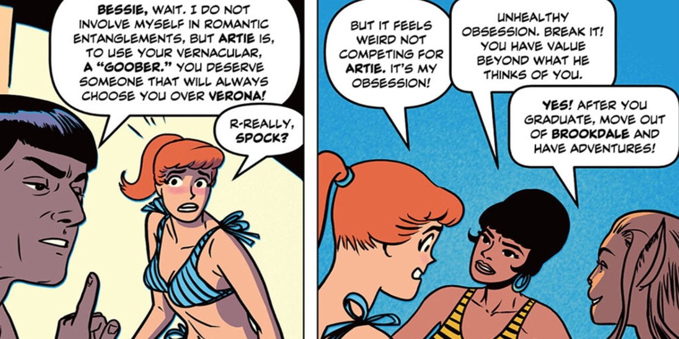 Spock, Uhura and M&rsquo;Ress try to convince Bessie to get over Artie.