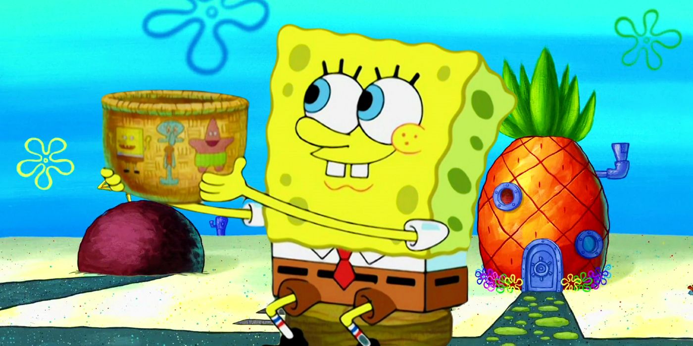 Bob Esponja sostiene una taza con él, Patricio y Calamardo pintados junto a Bob Esponja.