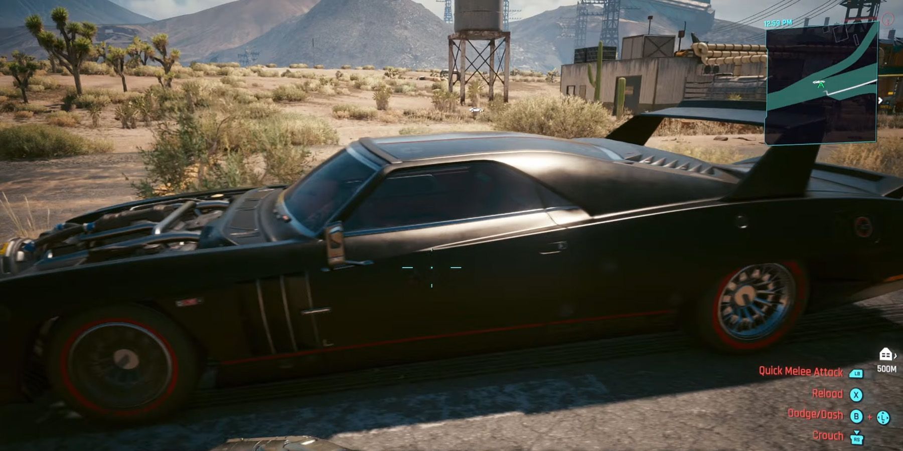 A sleek black car with a big spoiler and red highlights in Cyberpunk 2077 Phantom Liberty.