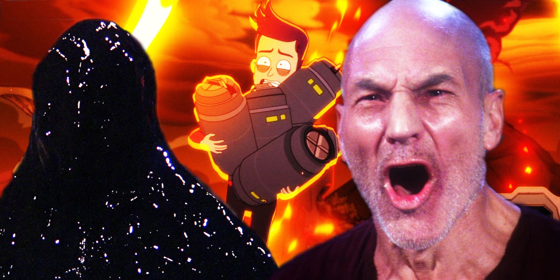 An alien made of black oil, Boimler running away from a volcano, and Picard shouting that he sees four lights