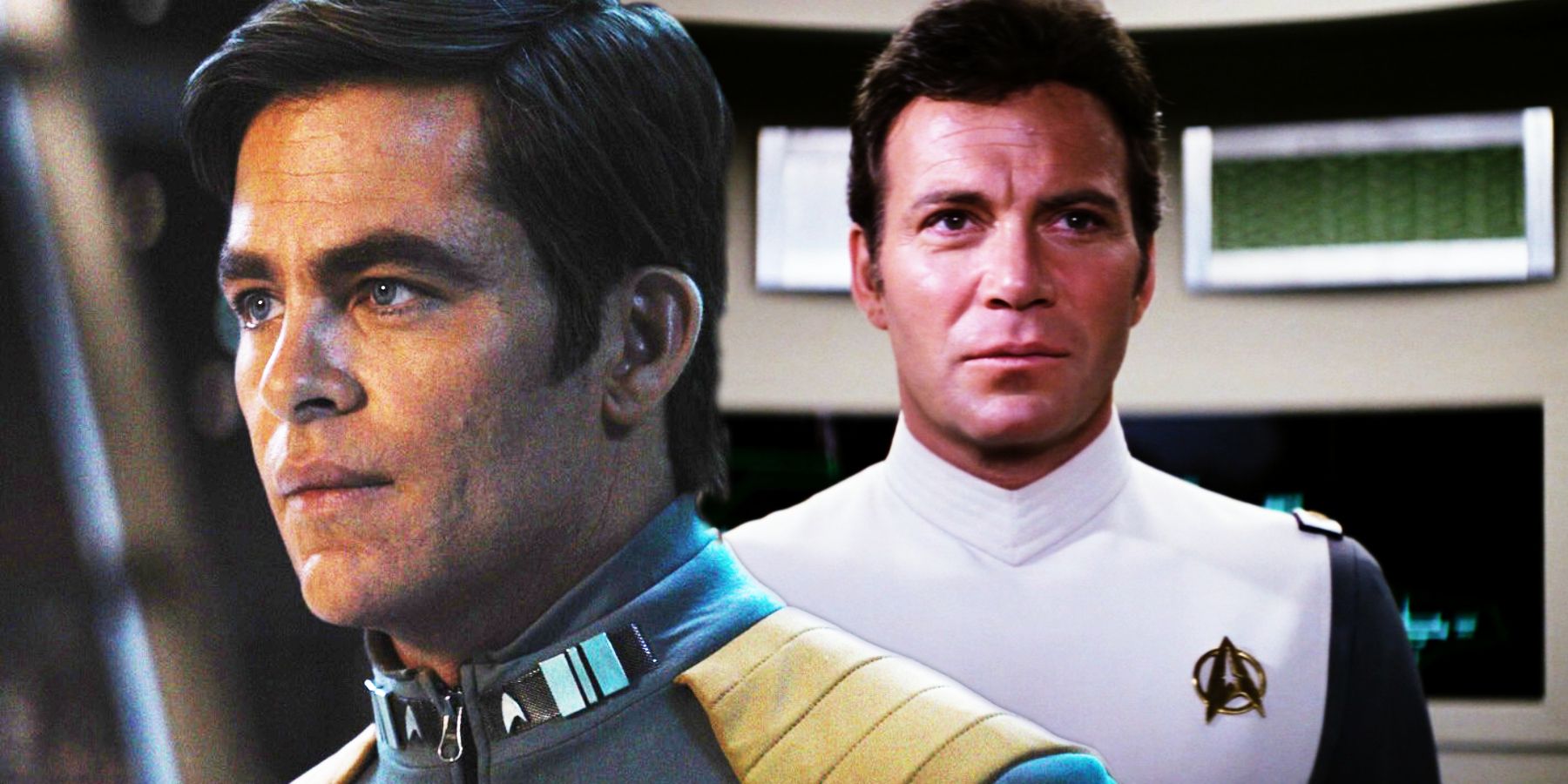 Chris Pine's Captain Kirk looks afield with William Shatner's Admiral Kirk behind him in Star Trek