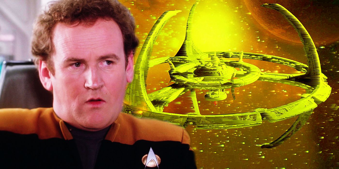 Chief O'Brien piloting a shuttle and Deep Space Nine 