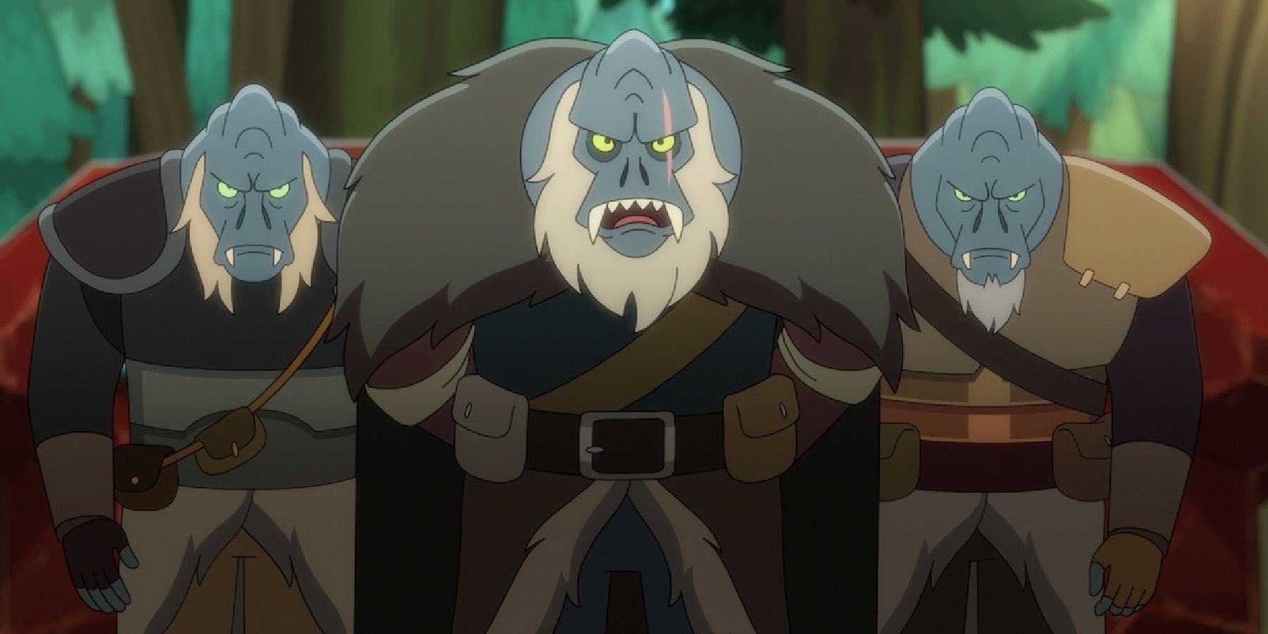 Three grey aliens in robes with ridges on their foreheads