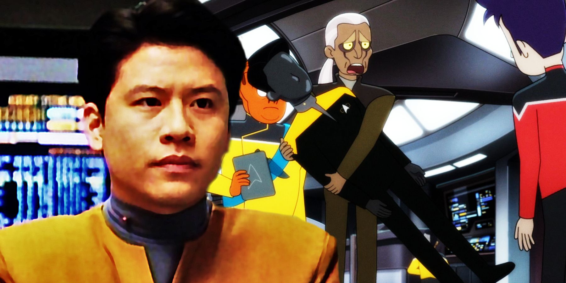 Garrett Wang as Harry Kim and the museum curator manhandles a Harry Kim dummy