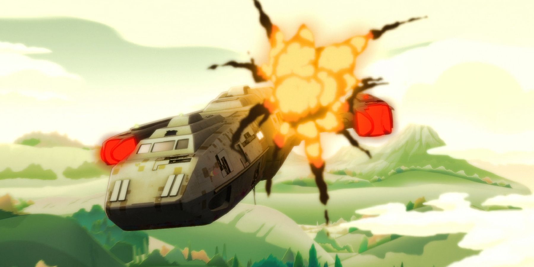 A small starship explodes over a forest