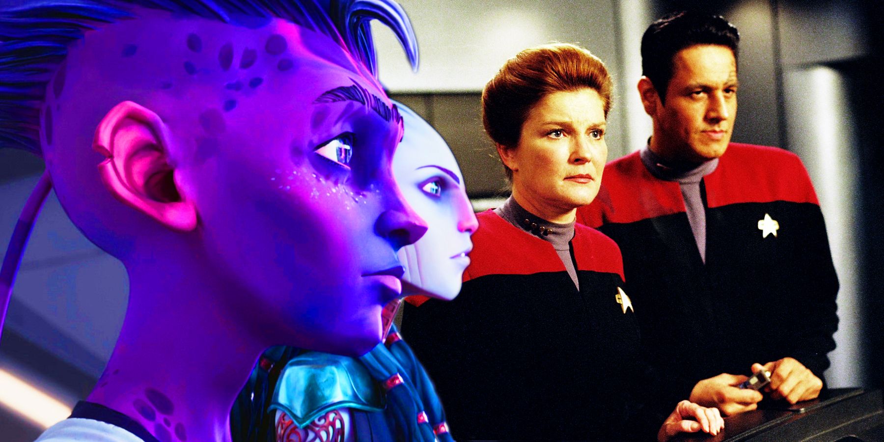 Dal and Gwyn look to the right as Janeway and Chakotay look concerned.