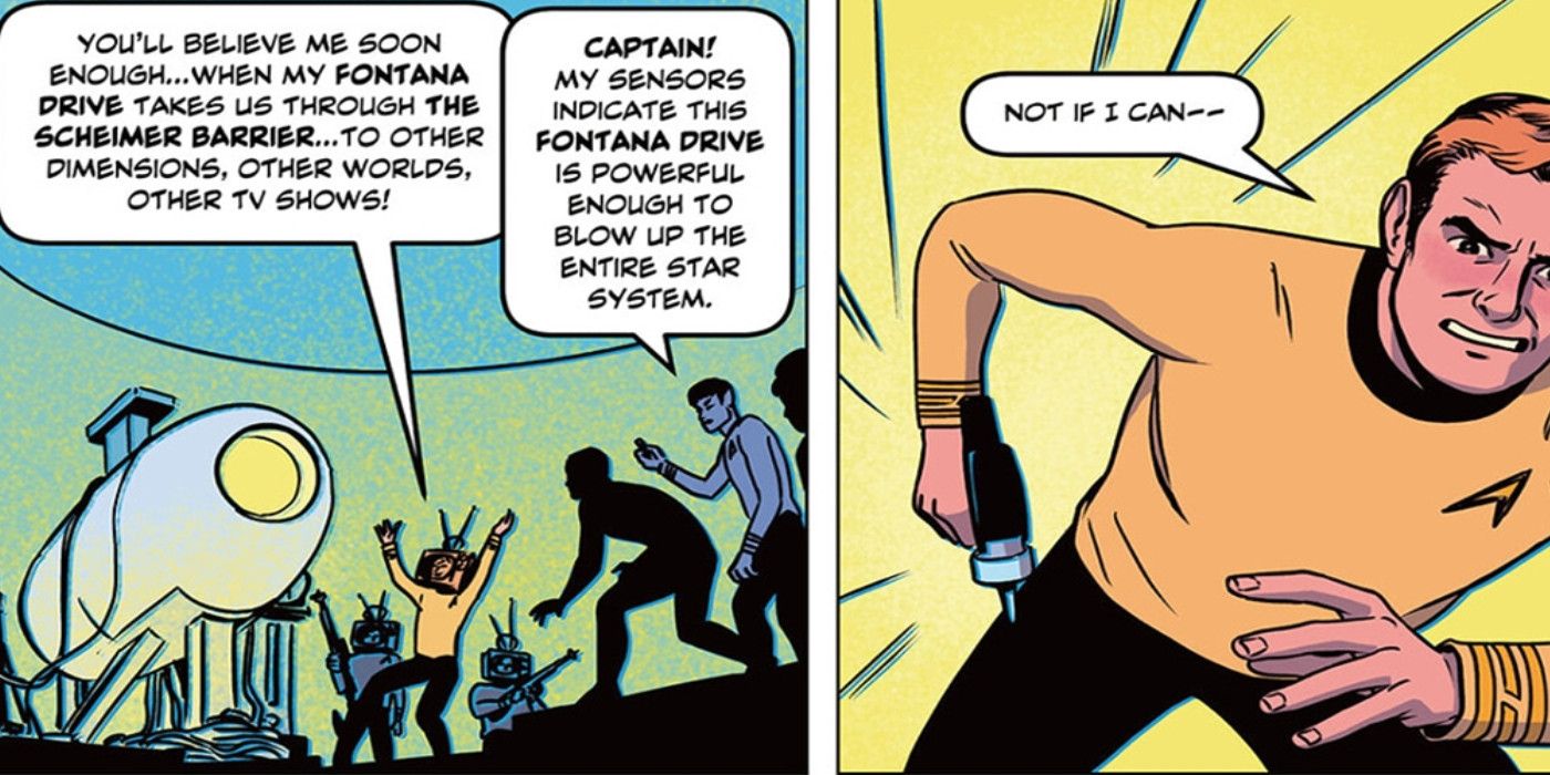 Two panels of Fontana bragging about his new weapon, the Fontana drive from Star Trek Scheimer Barrier 2