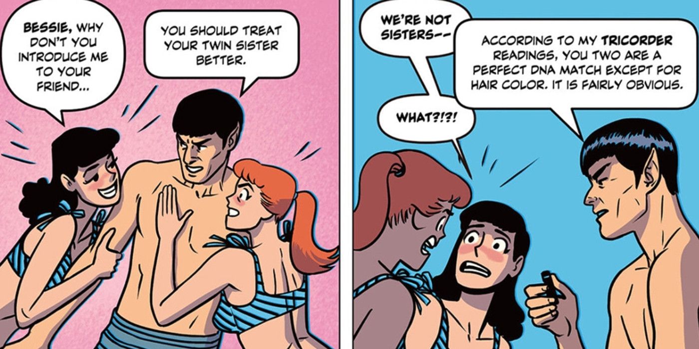 Two panels showing Verona trying to steal Spock away from Bessie.