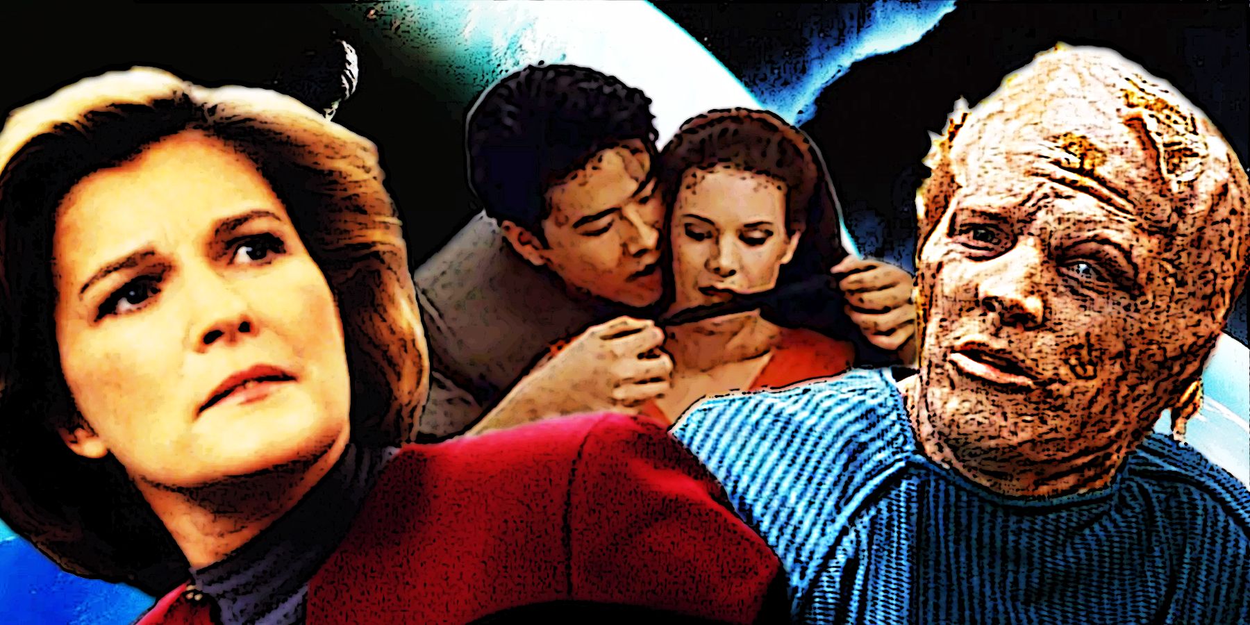 Janeway looking horrified at Harry Kim tying up a woman and the evolved Tom Paris