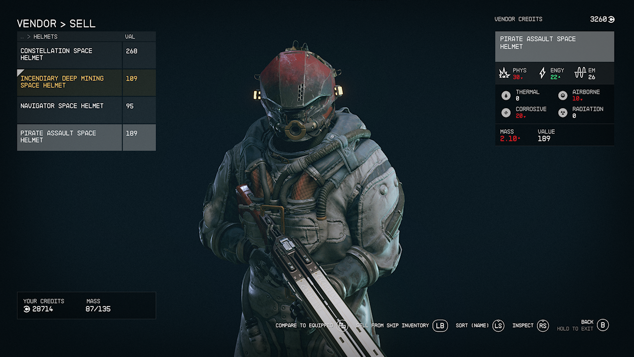 The Pirate Assault Space Helmet item page in Starfield.