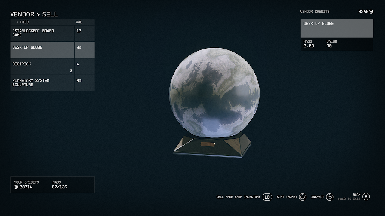 The Desktop Globe item page in Starfield.