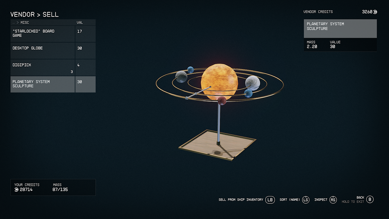The Planetary System Sculpture item page in Starfield.