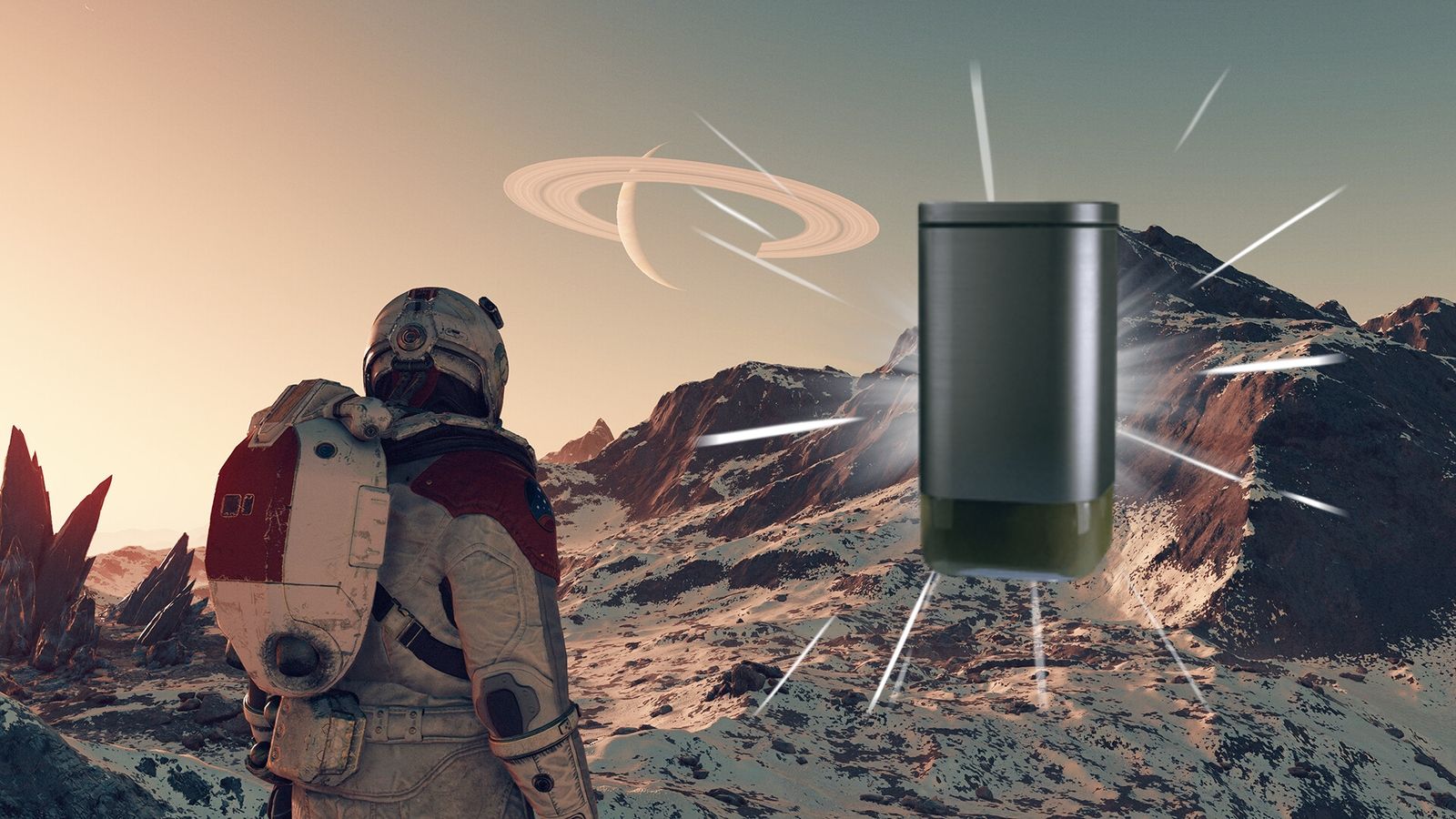 Starfield AdhesiveA Starfield character stares over a snowy, mountainous, alien landscape. A render of Adhesive sits on the right with a white glow behind it.