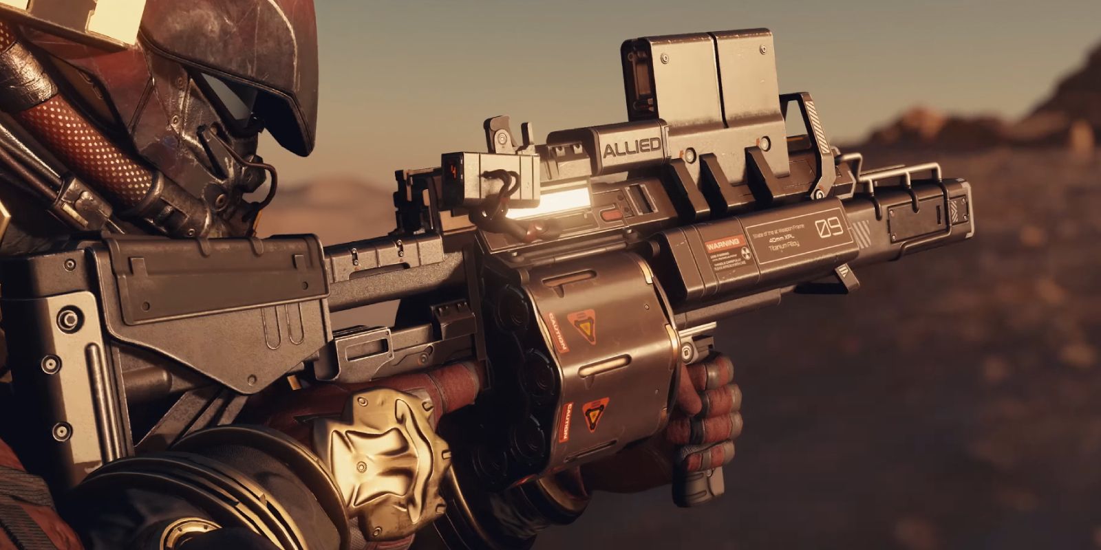 A heavily-armored player character aiming down the sights of a rifle in Starfield.