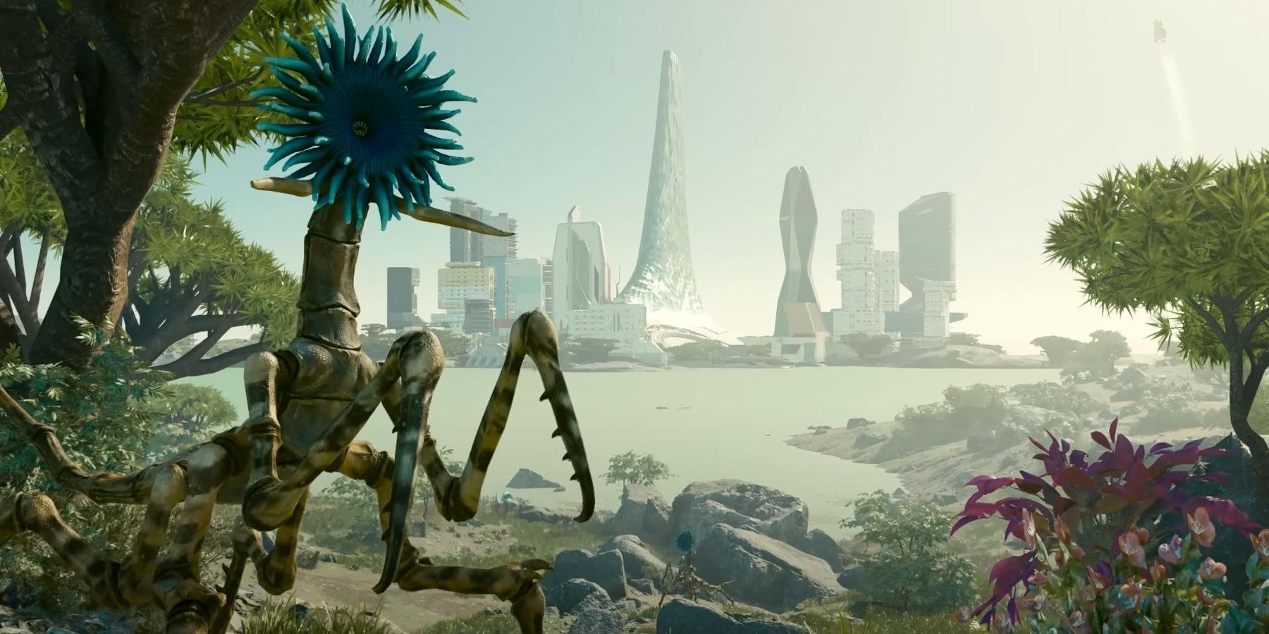 An alien in Starfield with a grasshopper-like body and a spiny, star-shaped face stands against the New Atlantis skyline.