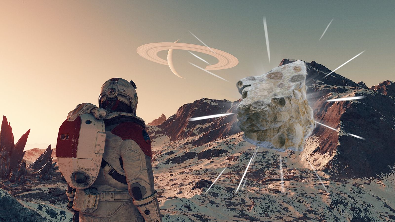 A Starfield character stares over a snowy, mountainous, alien landscape. A render of Aluminum sits on the right with a white glow behind it.