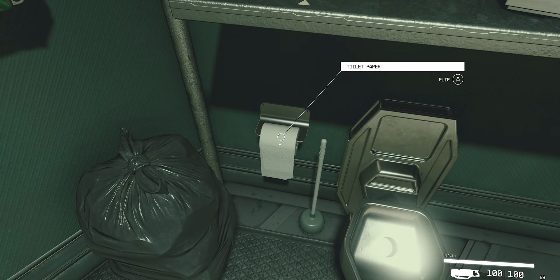 A futuristic chrome bathroom in Starfield, with a black garbage bag and red plunger next to a toilet. The player character is aiming at a roll of toilet paper, with the interactive option “Flip” accessible by pressing A.