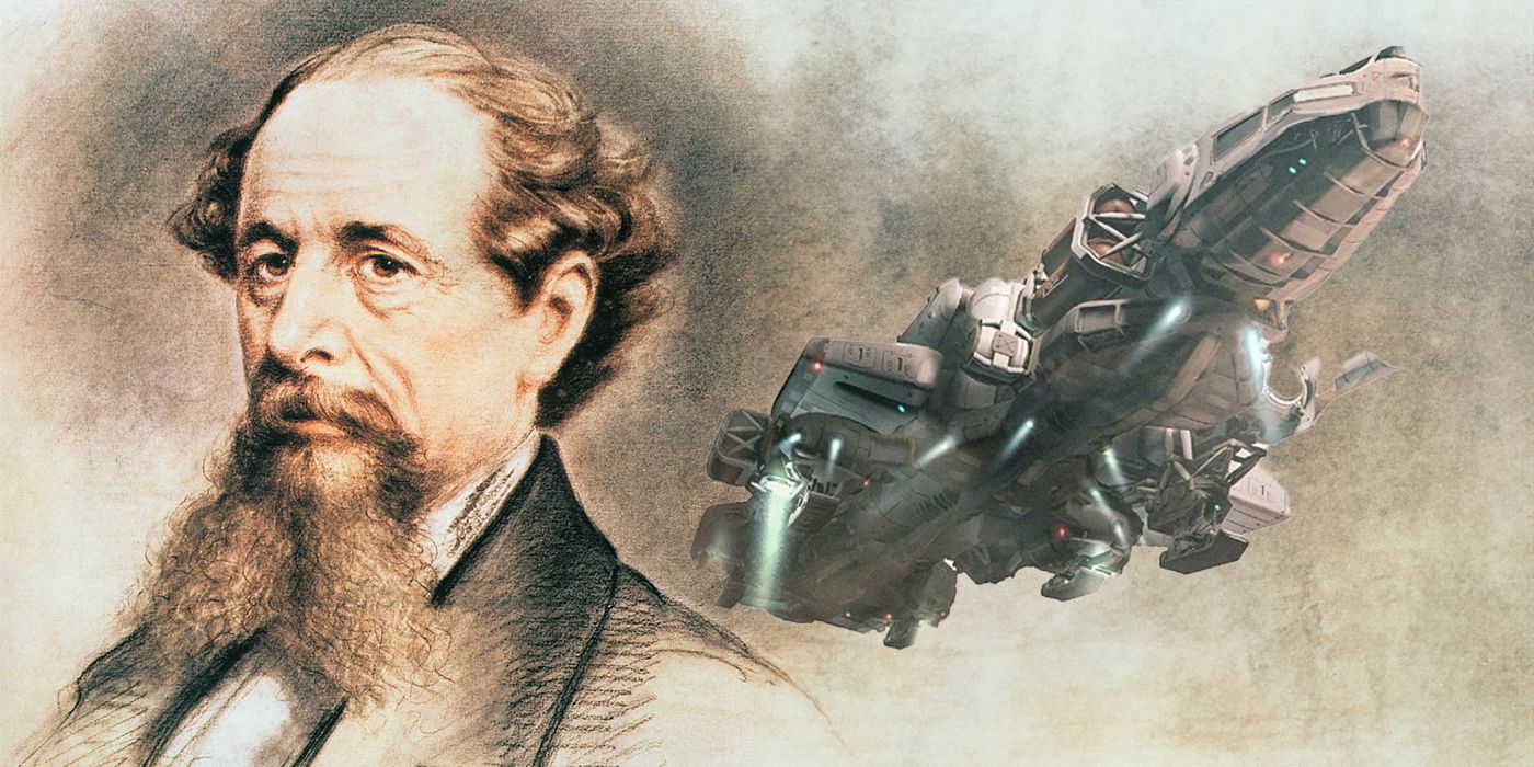 A portrait of Charles Dickens alongside The Frontier spaceship from Starfield