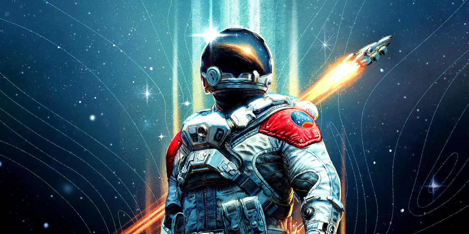 A Starfield character wearing a white and red space suit. Behind them is the Frontier, the game's default spaceship, flying into space.