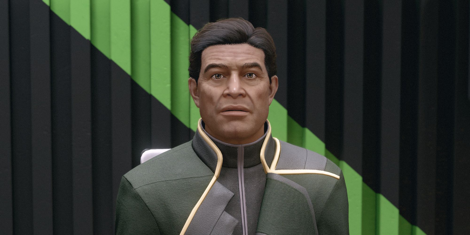 Landry, a stern-faced debt collector, sits in an office chair in a screenshot from Starfield. Behind him is a metallic black wall with a diagonal green stripe going from upper left to lower right.