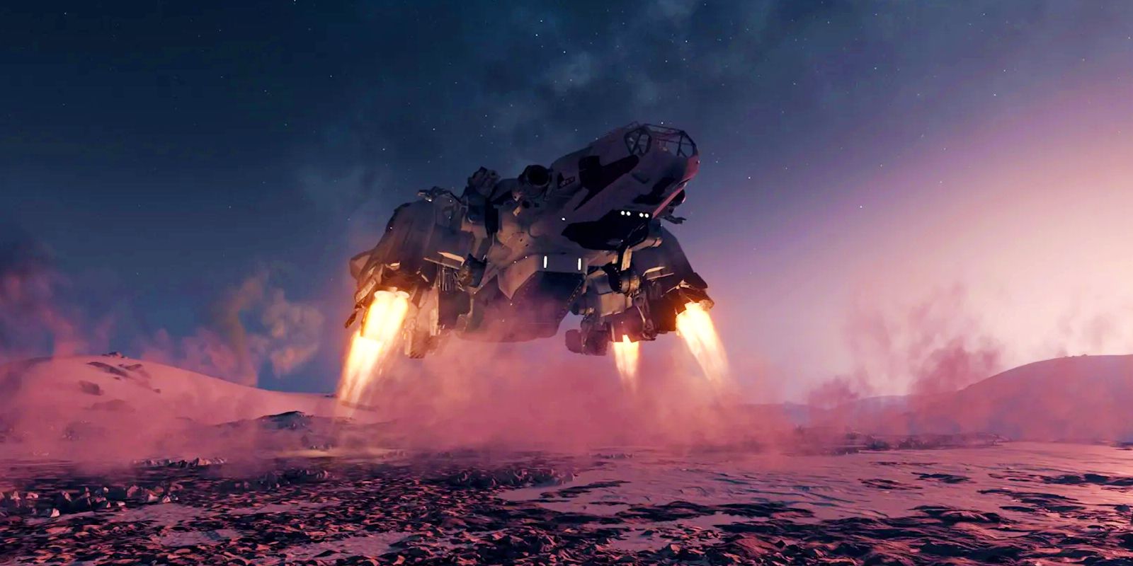 A spaceship landing on a planet in Starfield. The ship's thrusters and blowing up dust as it approaches the ground at dusk.