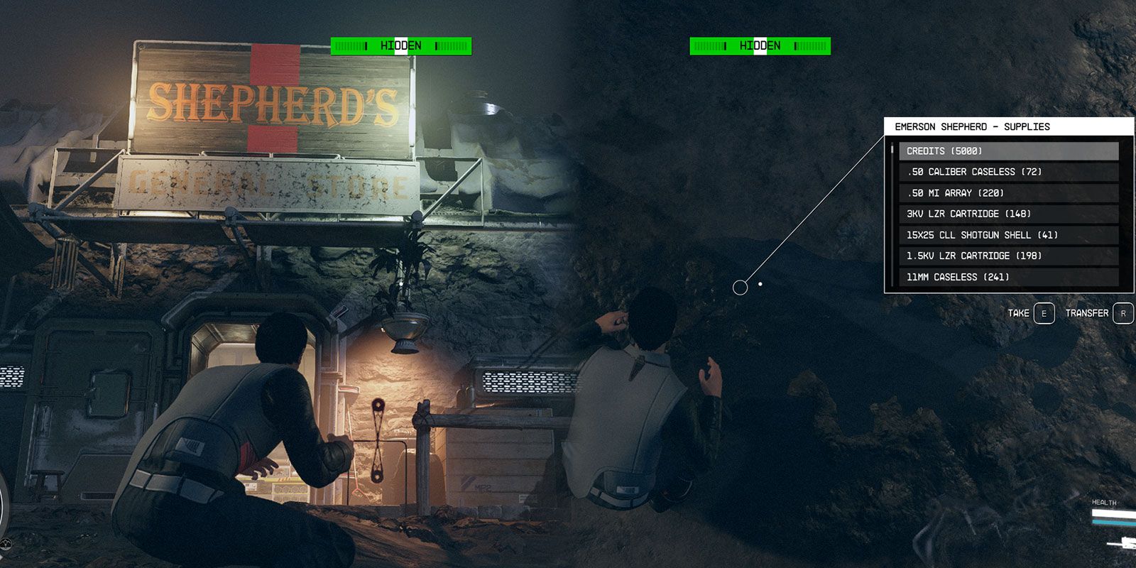 A split image showing a glitch in Starfield. On the left, the player character is looking up at the sign to Shepherd’s, a store in Akila City. On the right, they’re looking down at a puddle in front of Shepherd’s, where the shops inventory is oddly loot-able.
