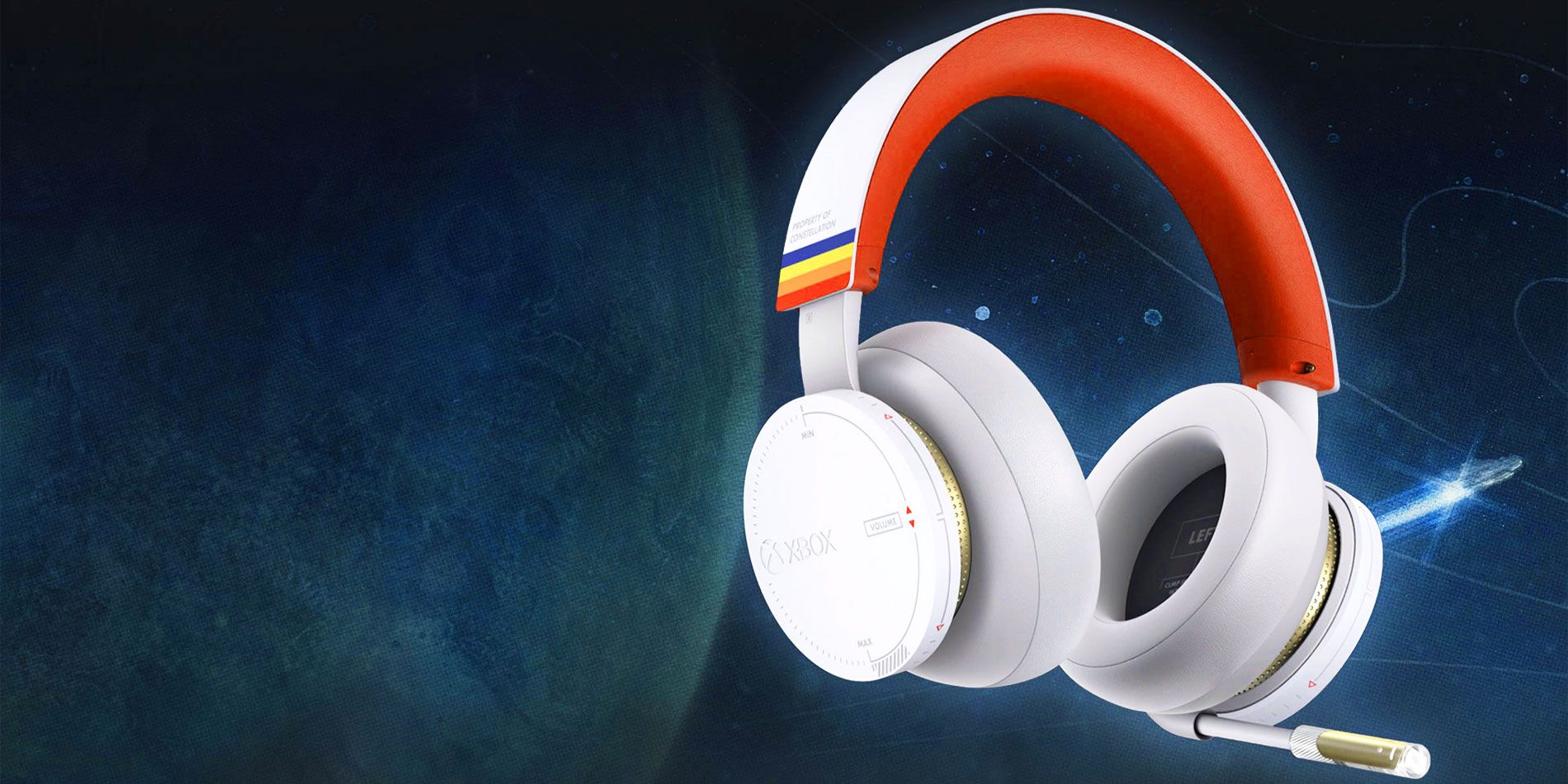 Xbox Starfield headset in front of an image of blue space.