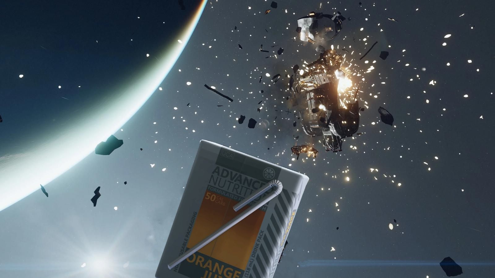 A juicebox present at the site of a ship exploding in space above a blue planet.