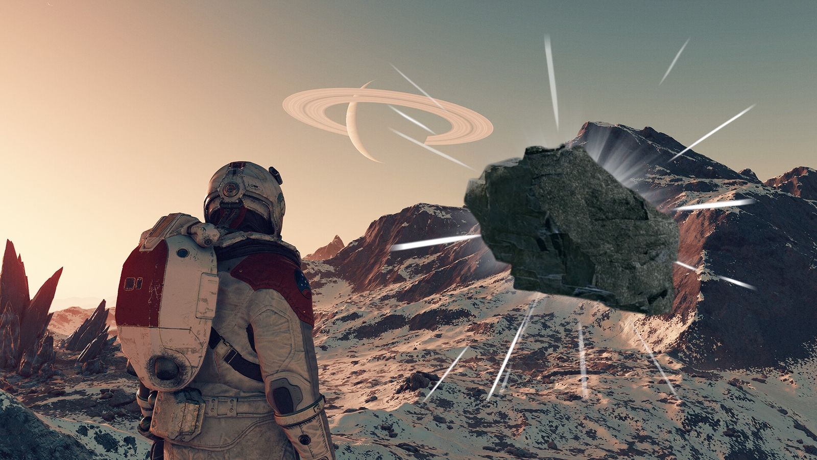 A Starfield character stares over a snowy, mountainous, alien landscape. A render of Lead sits on the right with a white glow behind it.