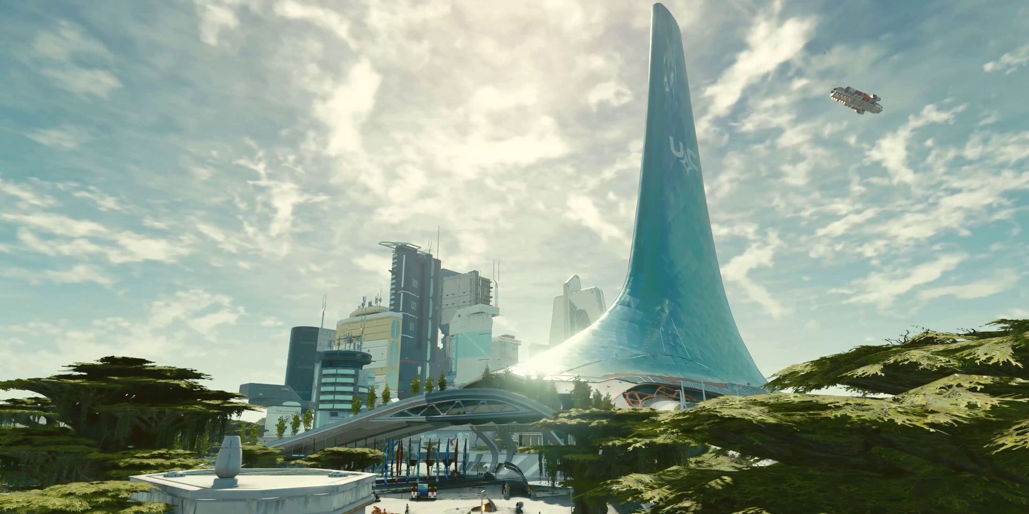 A screenshot of Starfield's New Atlantis, the large, tightly clustered metropolis where United Colonies is headquartered. The faction's massive, razor-thin base of operations dominates the skyline.