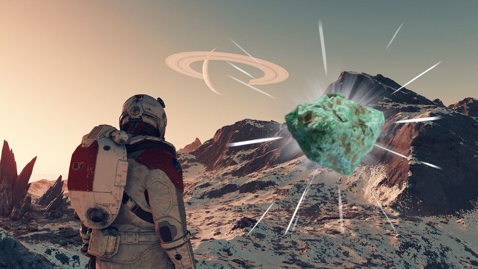 A Starfield character stares over a snowy, mountainous, alien landscape. A render of Nickel sits on the right with a white glow behind it.