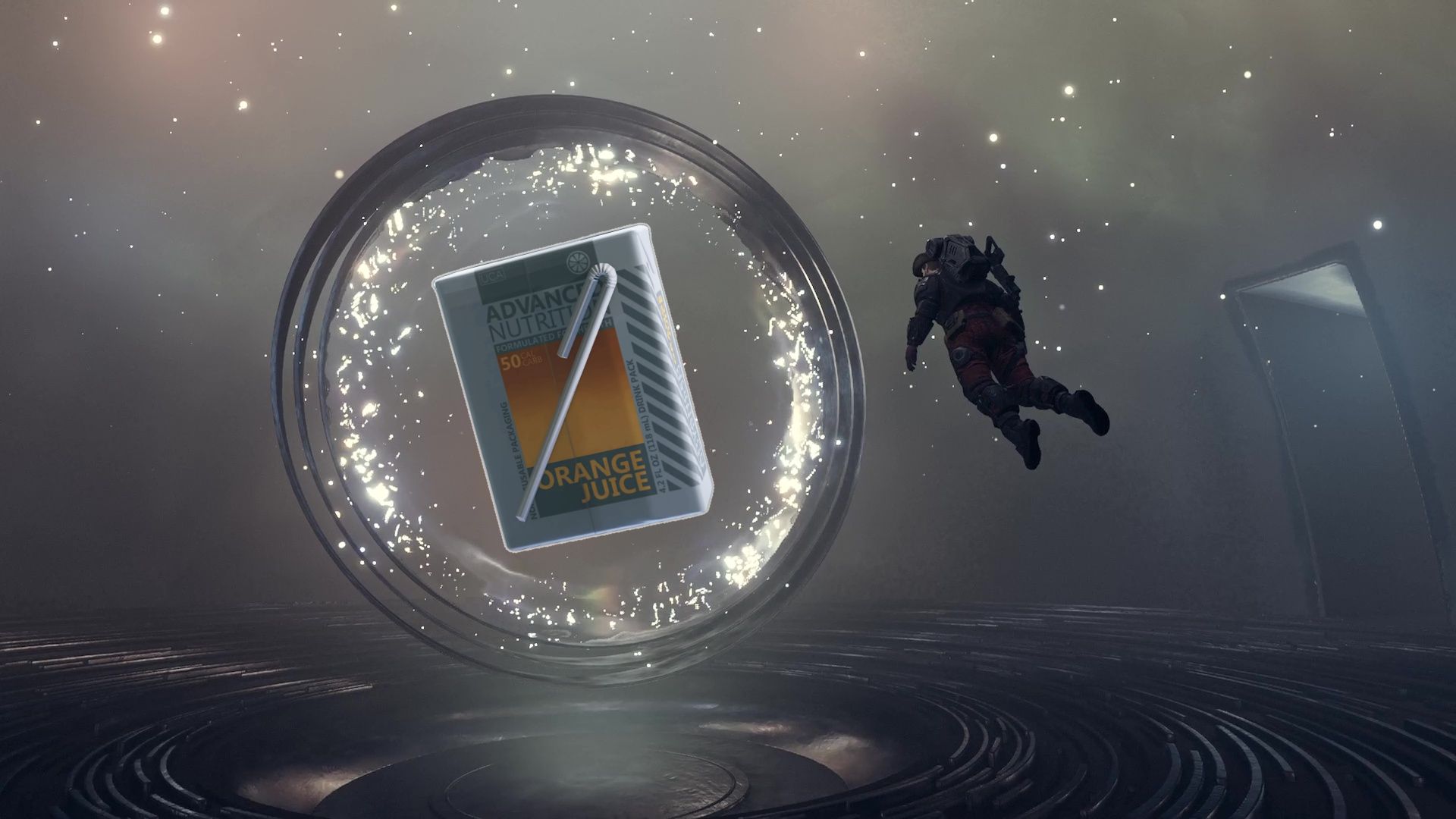 A Starfield player character in a space suit floating toward a juicebox contained in a glowing ring.
