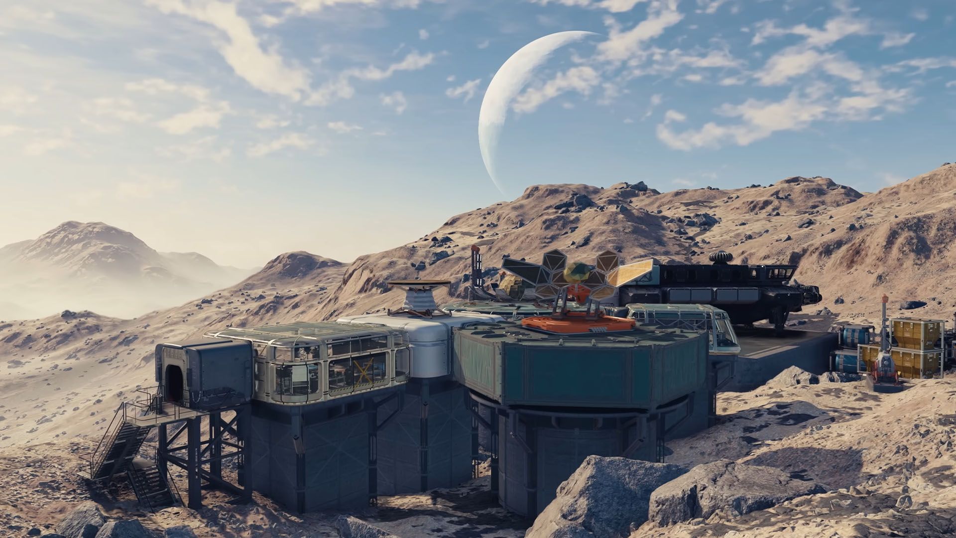 An outpost built into a planet’s rocky terrain with a large moon in the distance