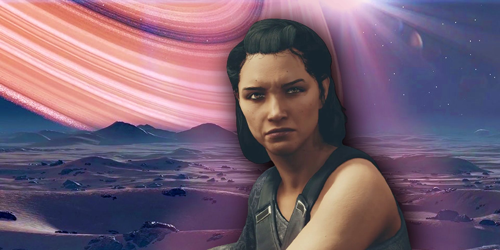 Andreja making a disgusted face with a barren planet in the background.