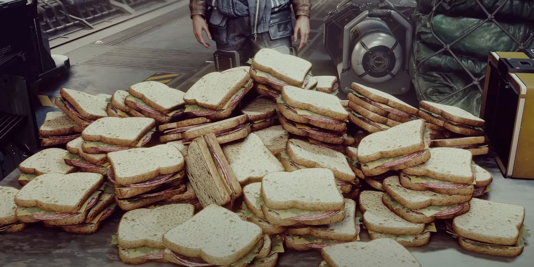 A pile of sandwiches on sliced white bread sit on a table in Starfield.