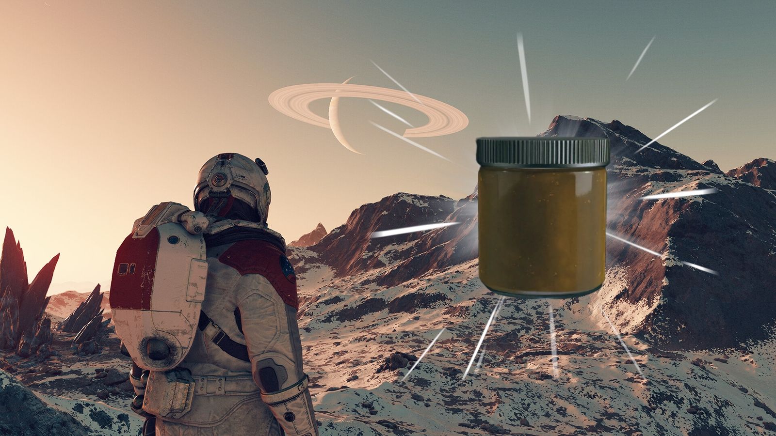 Starfield SealantA Starfield character stares over a snowy, mountainous, alien landscape. A render of Sealant sits on the right with a white glow behind it.