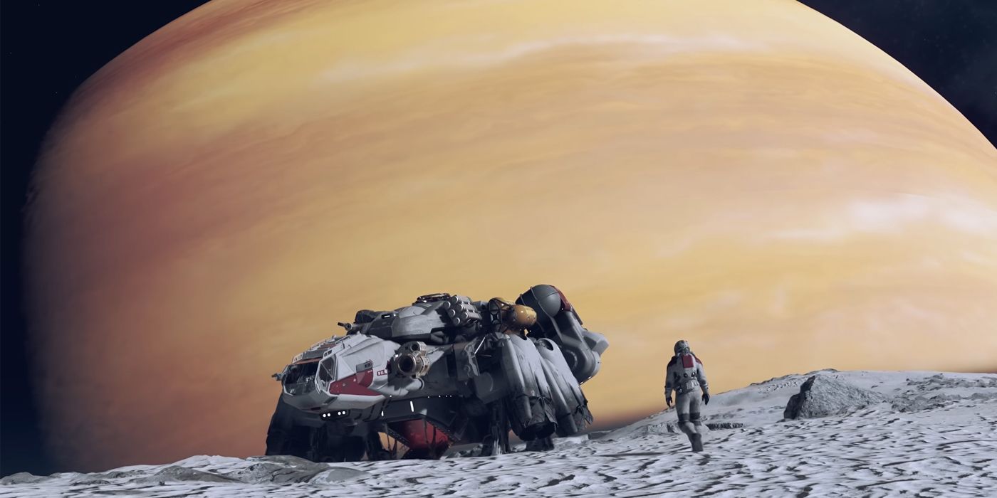An astronaut stands next to The Frontier spaceship on a moon looking at planet