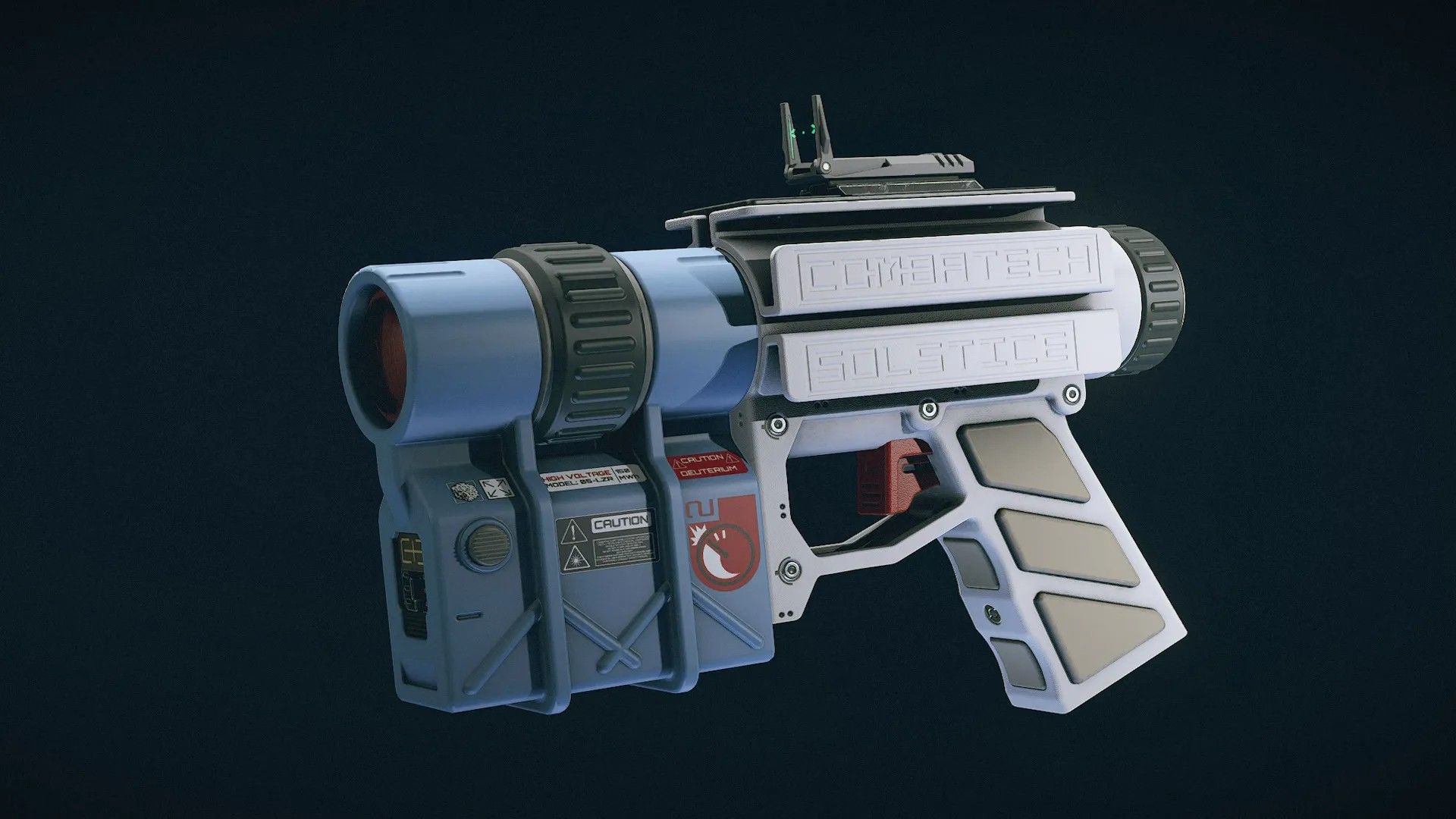 The compact blue and white Solstice energy pistol